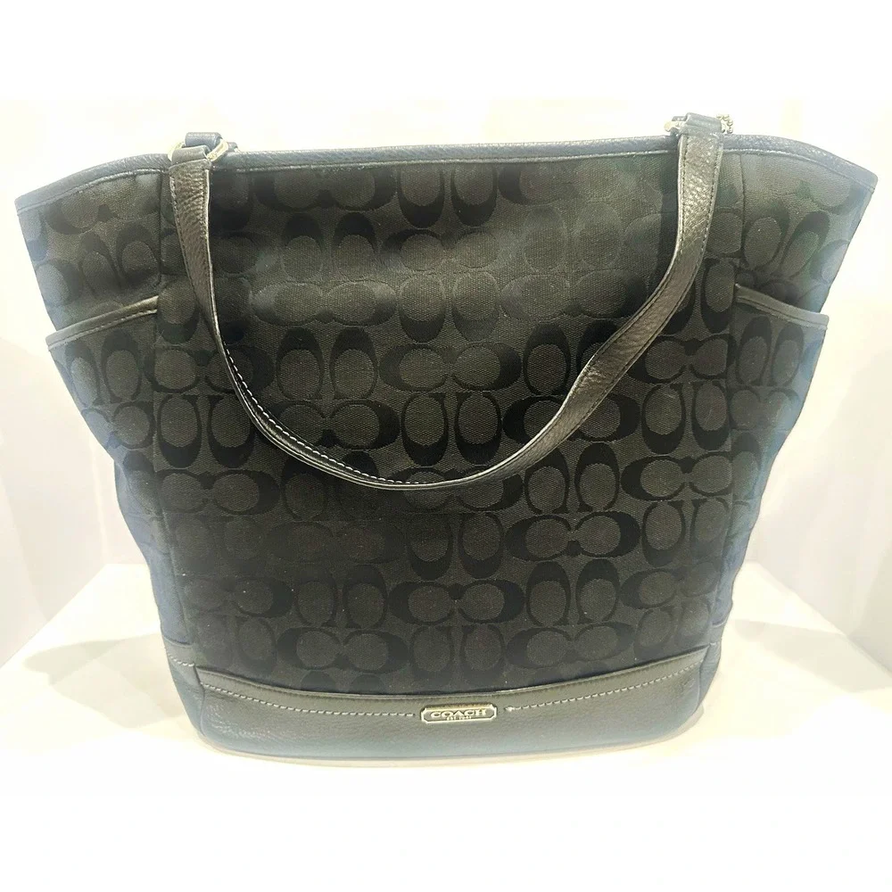 Coach F23296 Black Signature Jacquard Leather Tote Shoulder Bag Large